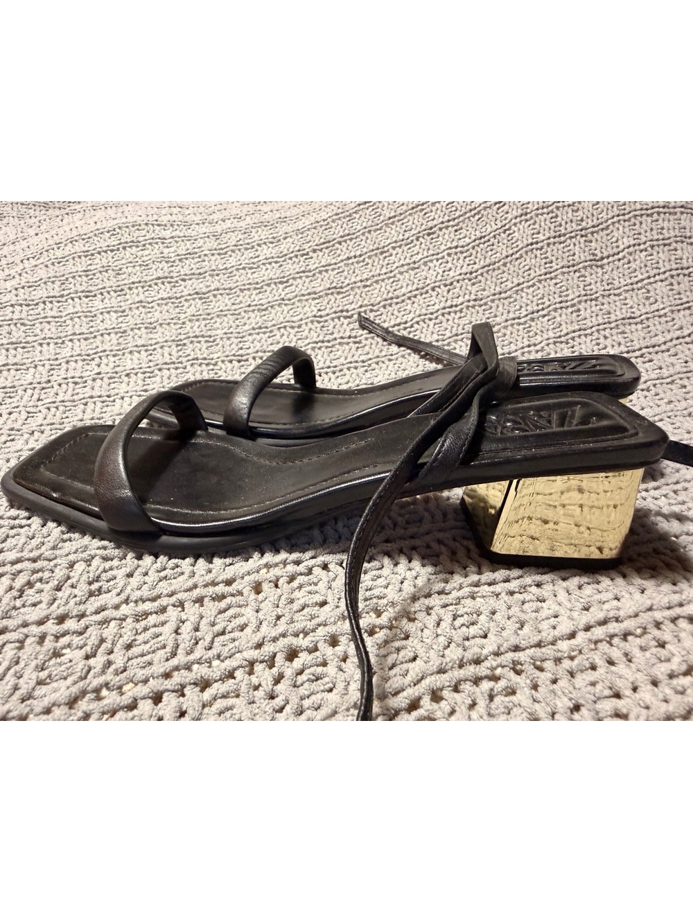 Zara Women’s Black Strappy Ankle-Tie Sandals – Metallic Gold Low Block Heel